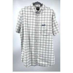 Jack Wolfskin Shirt Mens L White Blue Plaid Organic Cotton Hiking Outdoor